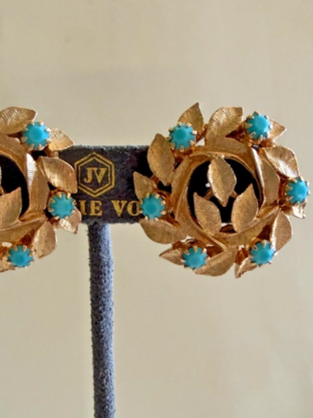 Vintage Signed Goldette Gold Tone & Turquoise Wreath of Leaves Earrings